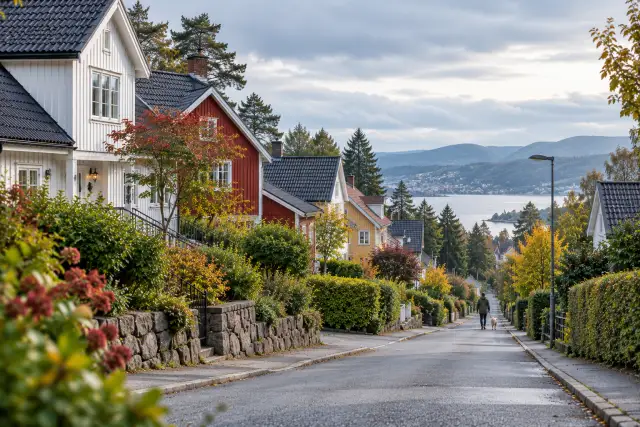 Gate i et boligstrøk om høsten med hvite, røde og gule trehus, steinmurer og hekker. Nederst i gaten går en person tur med en hund, og bak ligger en fjord og åser.